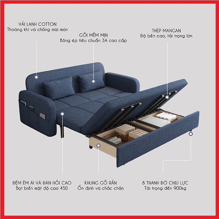 Ghế sofa giường thông minh,Giường Sofa đa năng, giường sofa thông minh gấp gọn -Tặng kèm 2 gối (kích thước Rộng 1,38m- x Dài 1,9m)