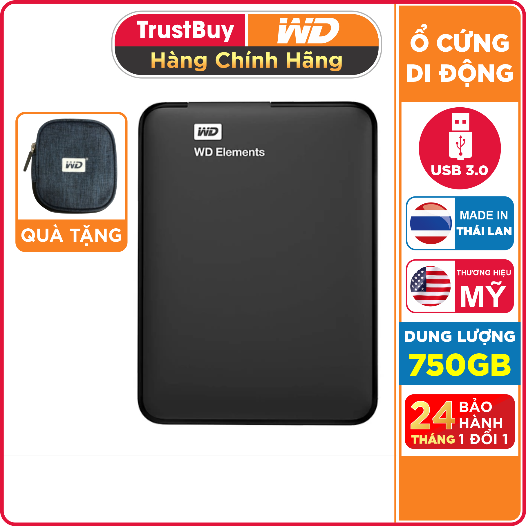 Ổ Cứng Di Động WD Elements Portable 750GB 2.5 USB 3.0 - WDBUZG7500ABK-WESN - Hàng Chính Hãng