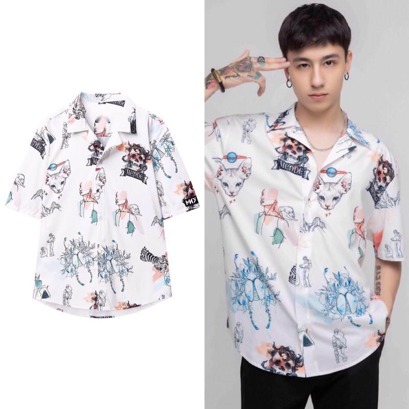 Áo Sơ Mi Họa Tiết CRAYON CAT Tay Ngắn Cổ Vest Nam Nữ Unisex Vải Lụa Chéo