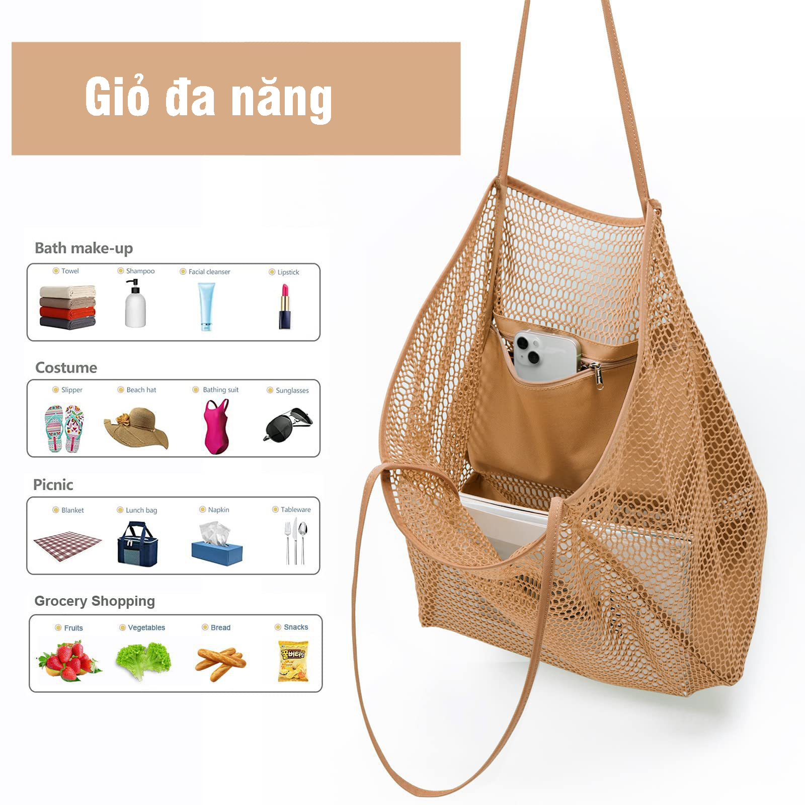 Giỏ túi lưới gấp gọn siêu nhẹ, túi đựng đồ đi biển đi bơi shopping đa năng