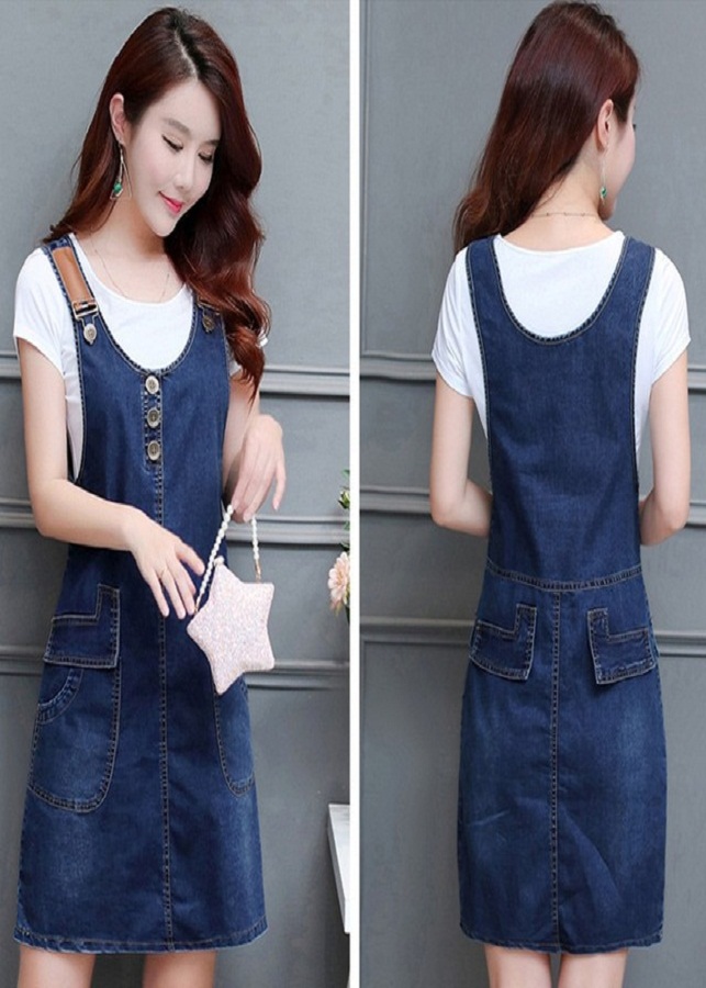 Đầm Jean Yếm Dây Da Phối Túi Sành Điệu