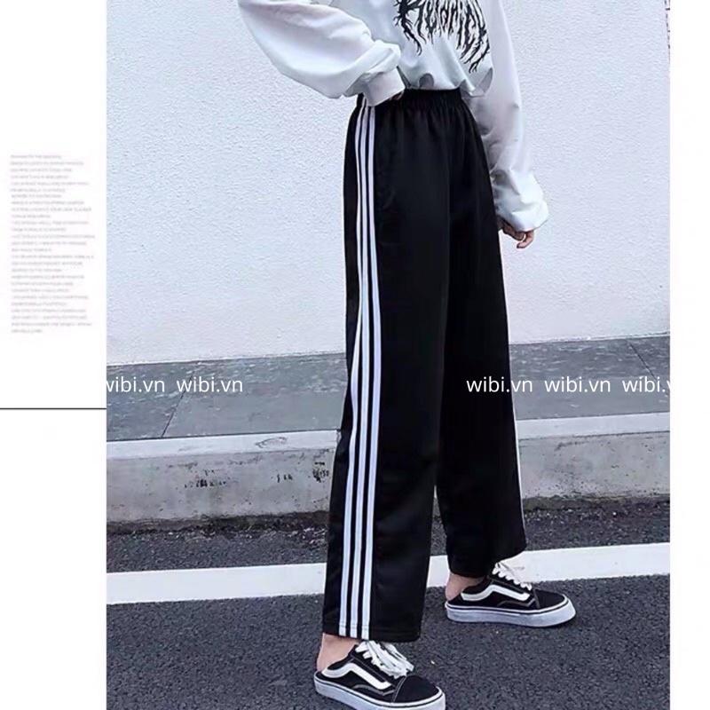 Quần suông ống rộng nam nữ 3 sọc vải thun cotton 4 chiều quần thể thao basic