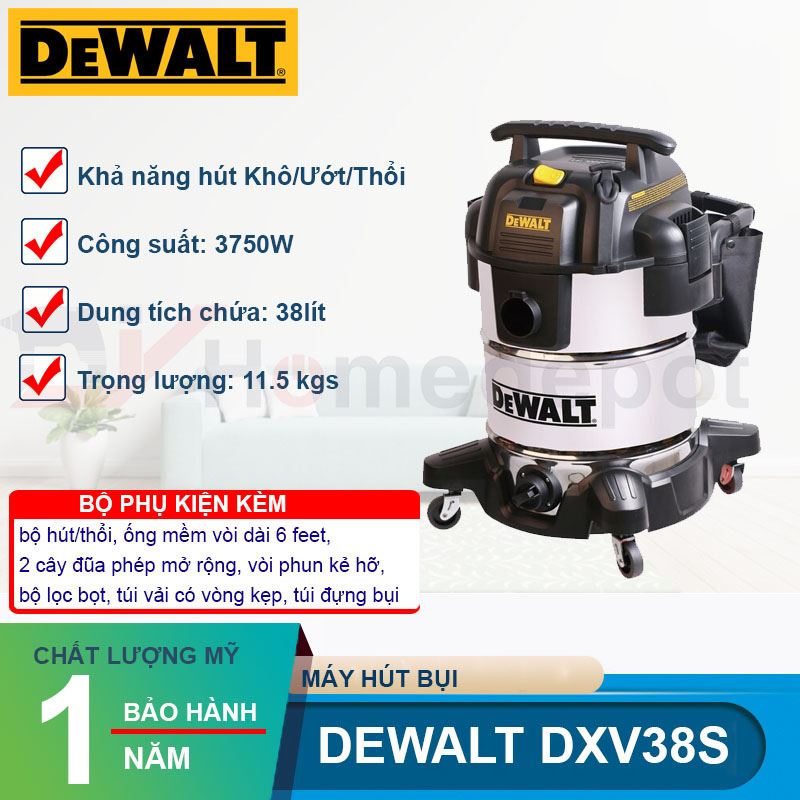 Máy hút bụi công nghiệp 3 chức năng ướt / khô / thổi 3750W (5HP) 38L Dewalt DXV38S - Hàng chính hãng