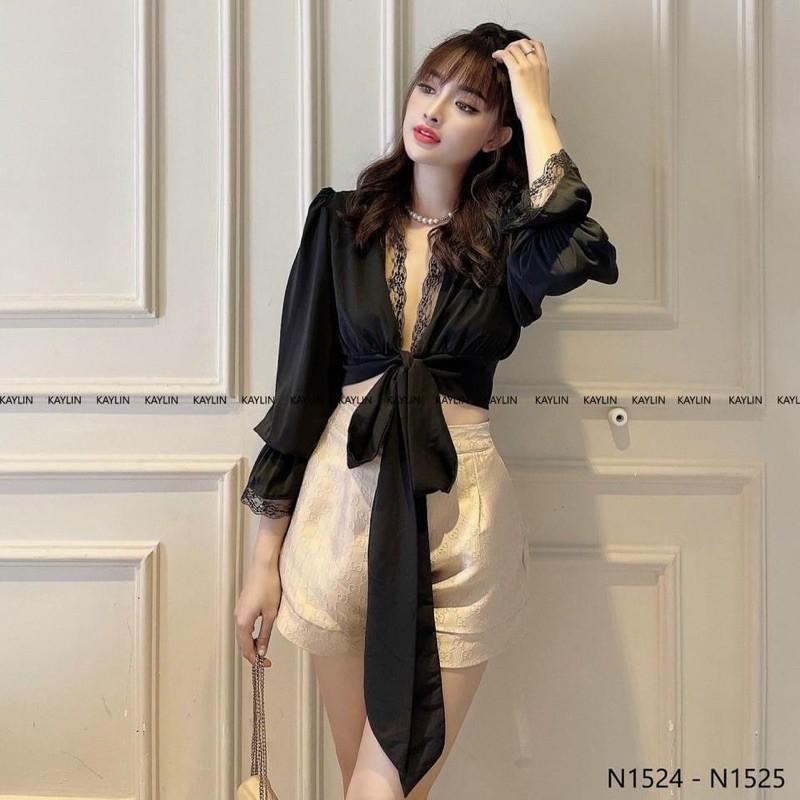 áo cổ v phối ren buộc nơ tay dài sexy