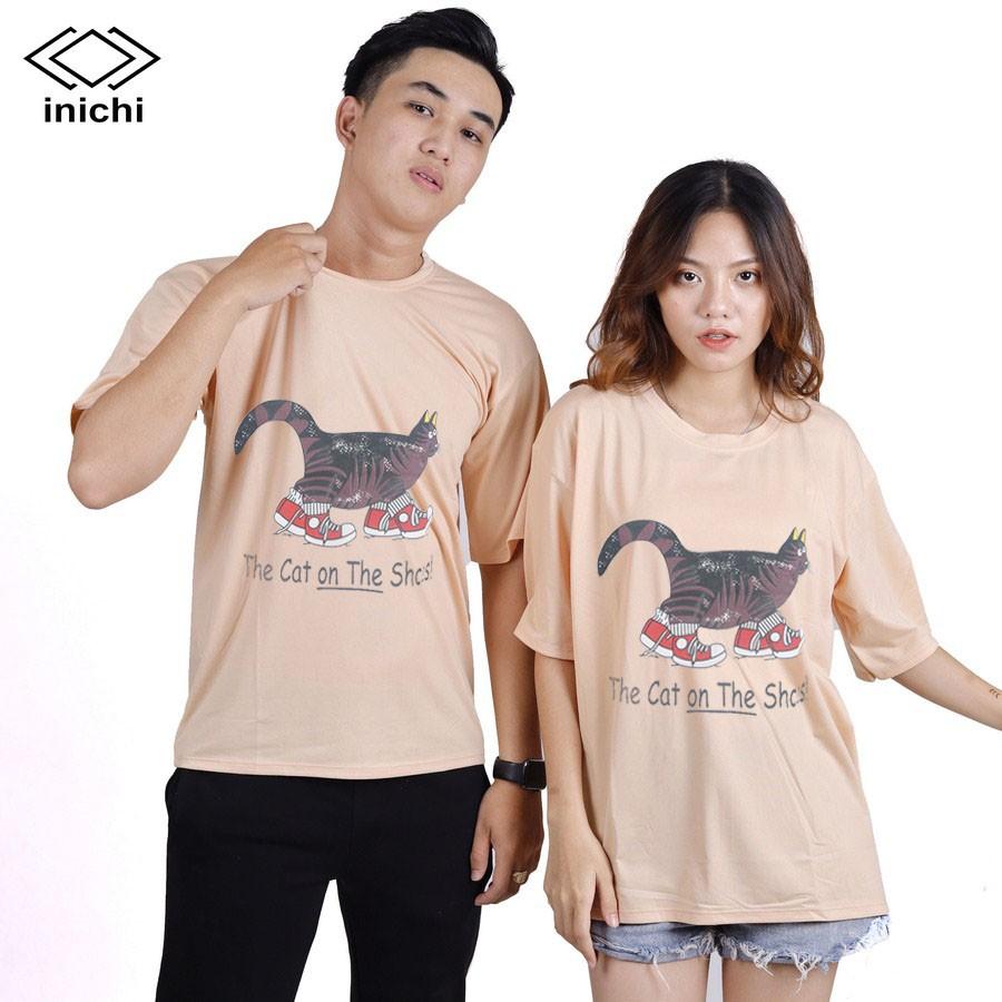 Áo thun INICHI unisex tay lỡ form rộng phong cách, in hình chú mèo ngố mang giày - IC651