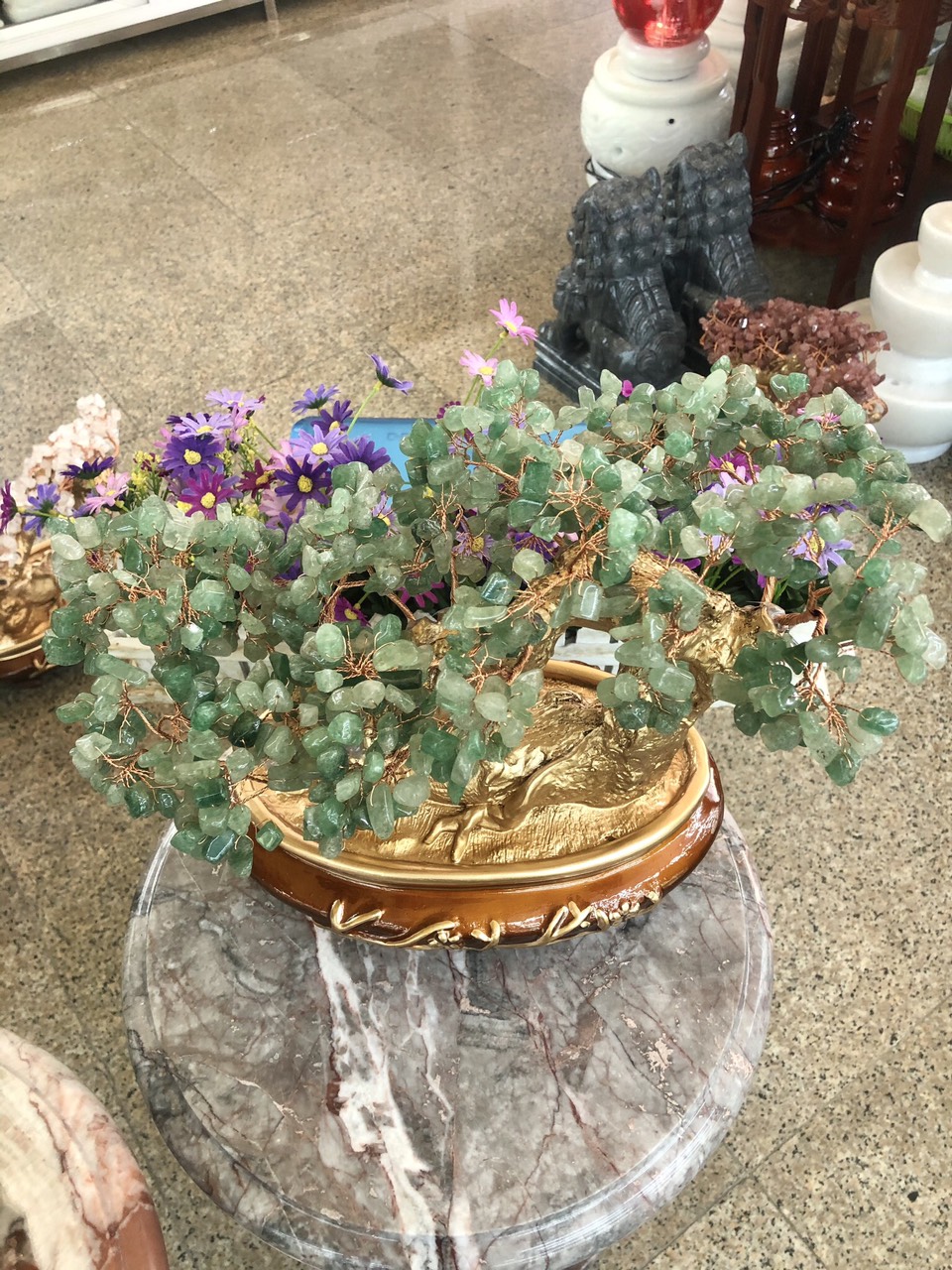 Cây tài lộc bonsai phong thủy đá thạch anh dâu tây xanh - Cao 30 cm