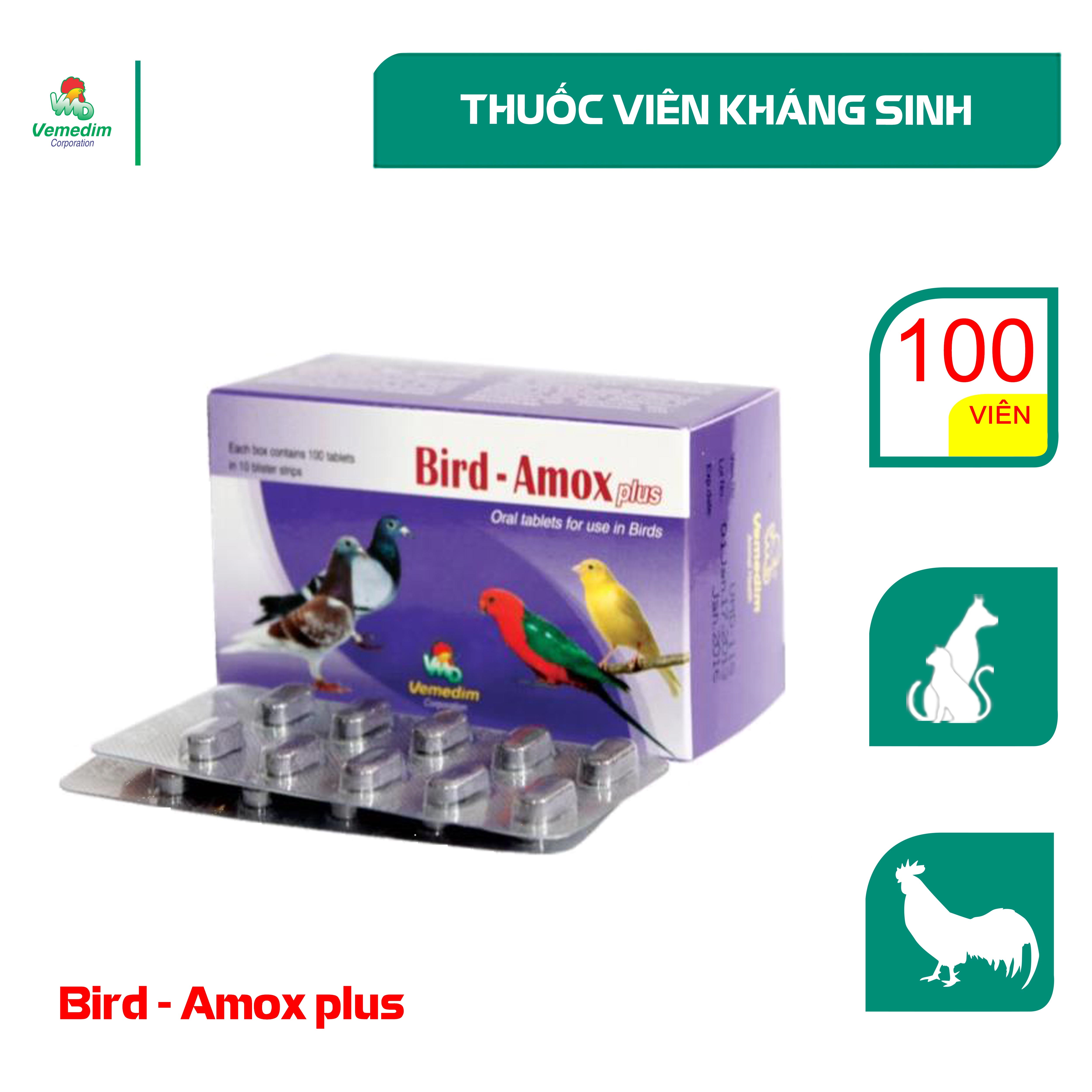 Bird Amox plus Trị nhiễm trùng da, mô mềm, nhiễm khuẩn đường tiết niệu, hô hấp, viêm ruột cho gà đá, chó, mèo, Hộp 100 viên, sản phẩm Vemedim