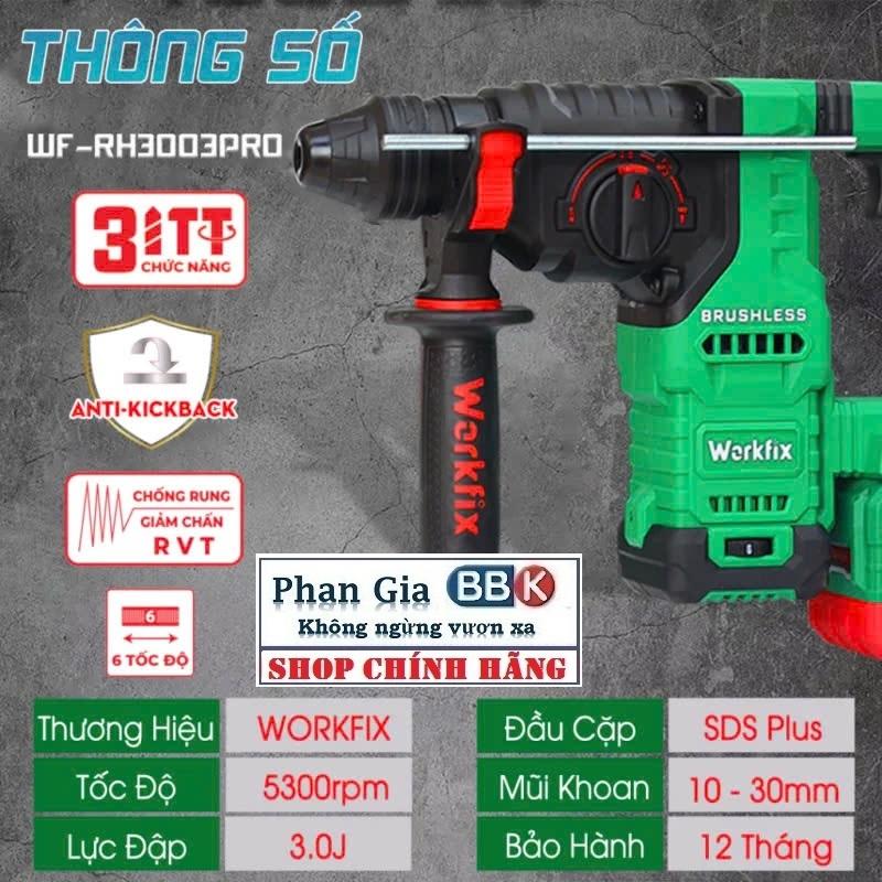 Máy Khoan Bê tông WORKFIX-RH3003PRO 3 Chức Năng - Khoan Bê Tông Sử Dụng Chân Pin Phổ thông bảo hành chính hãƞg 12 Thá