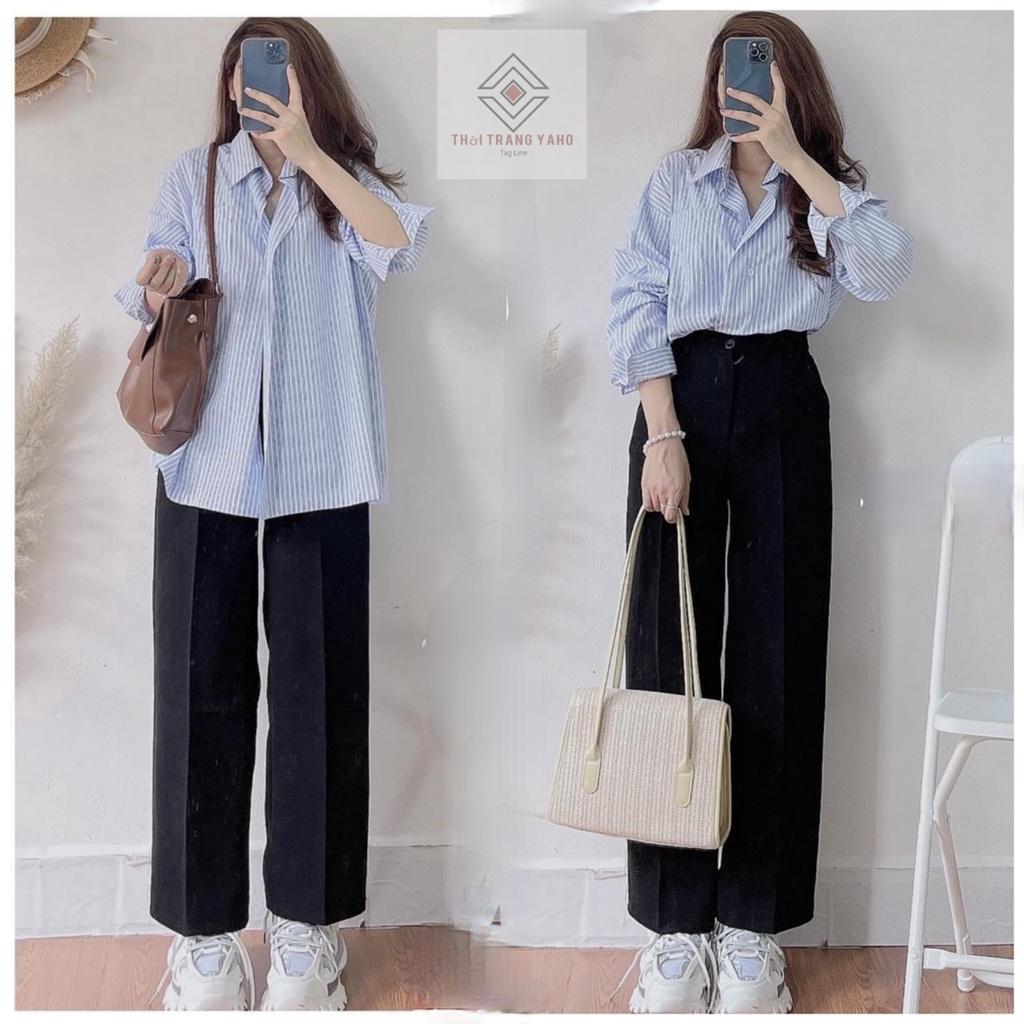 Quần vải ống suông cạp khoá màu đen mềm dáng dài - Quần tây nữ lưng cao ống suông công sở
