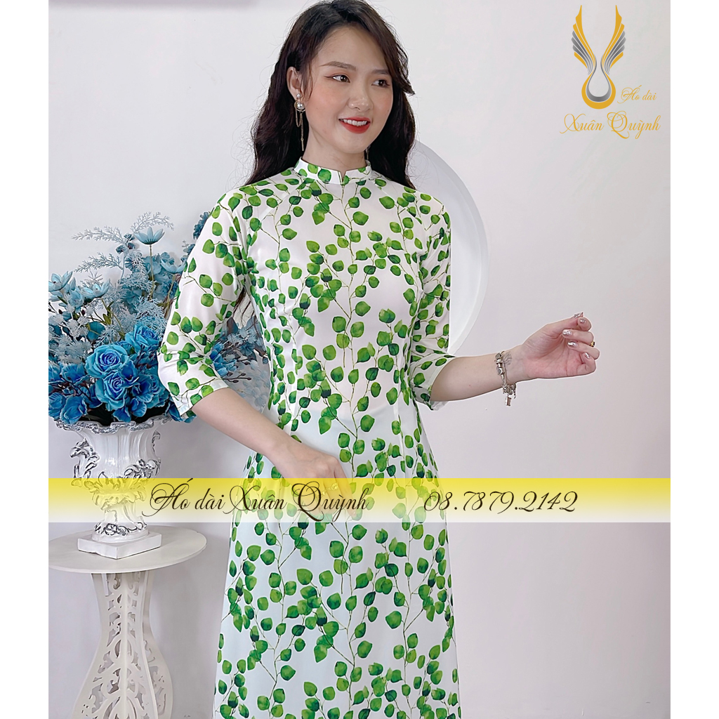 Áo Dài Truyền Thống Hoa Nhí Xanh Duyên Dáng, Thanh Lịch Lụa Habutai Cao Cấp K63