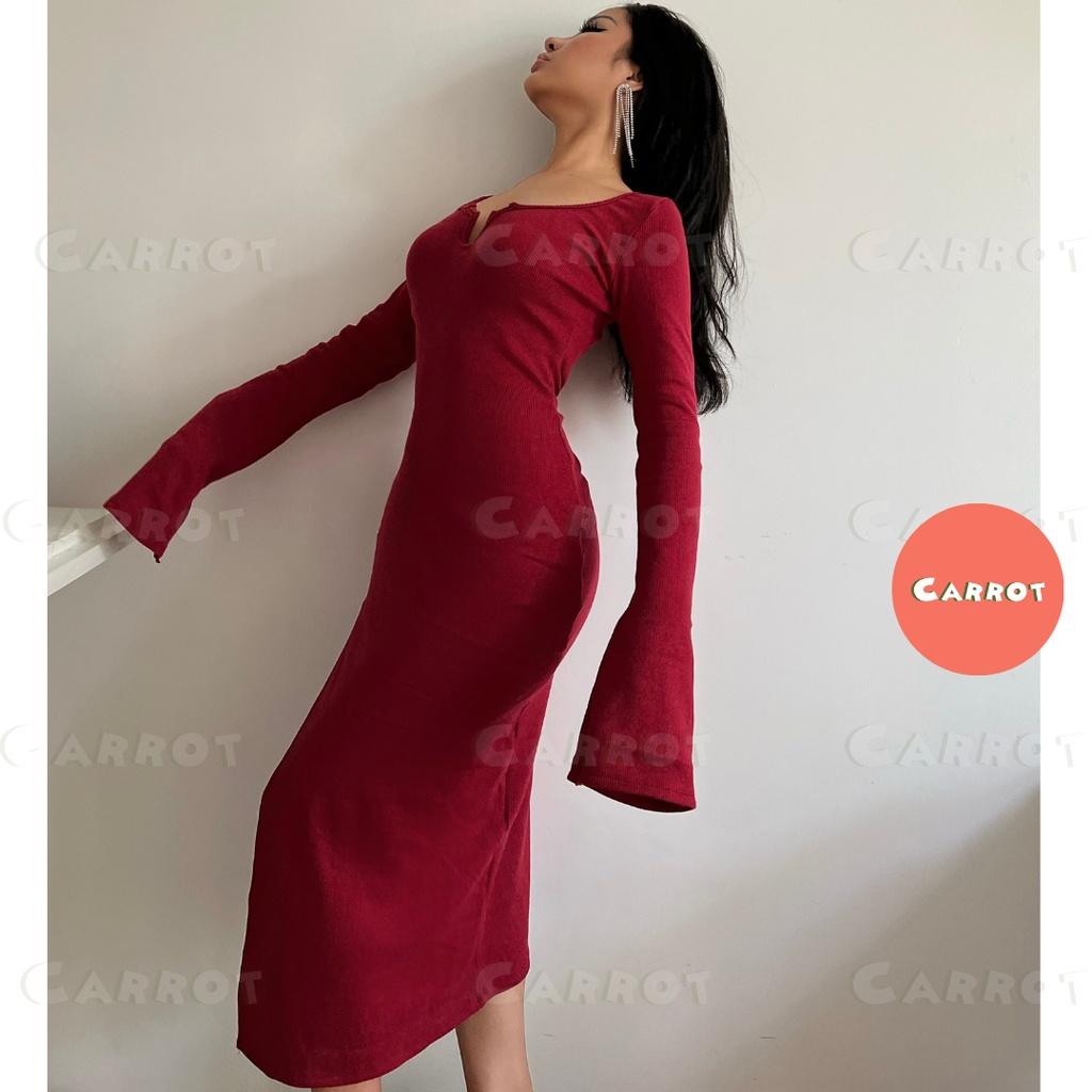 Đầm body tay dài đỏ đi tiệc sang chảnh tôn dáng khoét ngực sexy freesize chất co gĩan carrotxinhdep