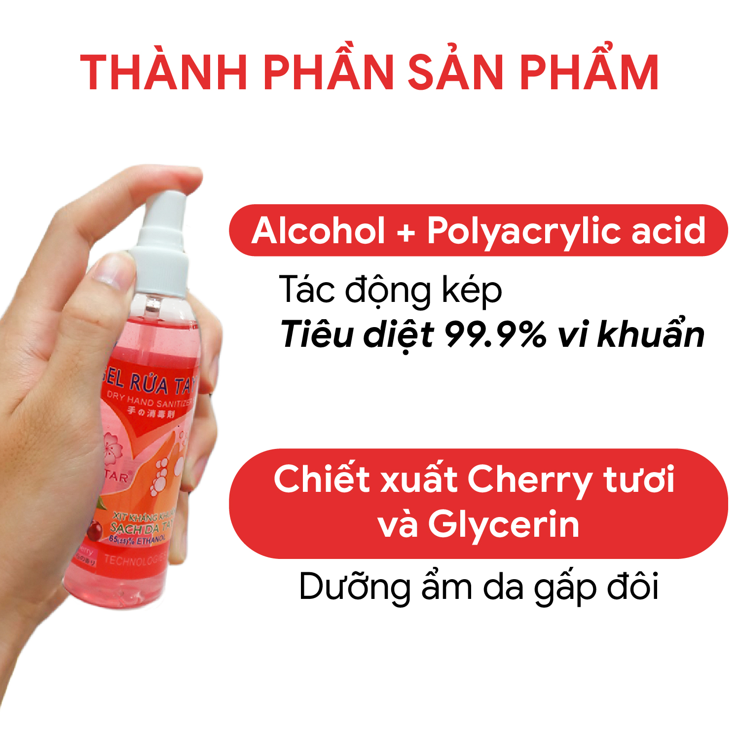 Xịt Rửa Tay Hương Cherry Diệt Khuẩn Vượt Trội, X3 Dưỡng Ẩm Không Gây Khô Da AVATAR 100ml