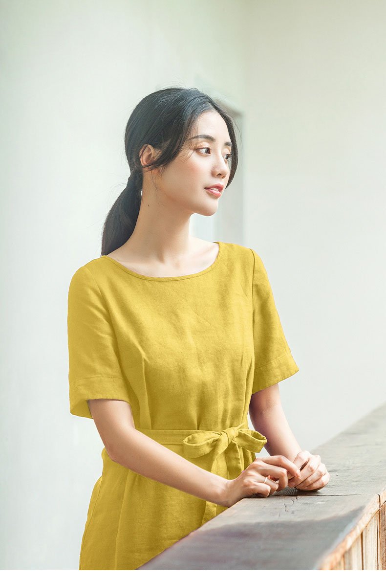 Váy suông nữ mùa Thu mới dáng xinh [ chất linen+ dáng rút dây+ tay ngắn