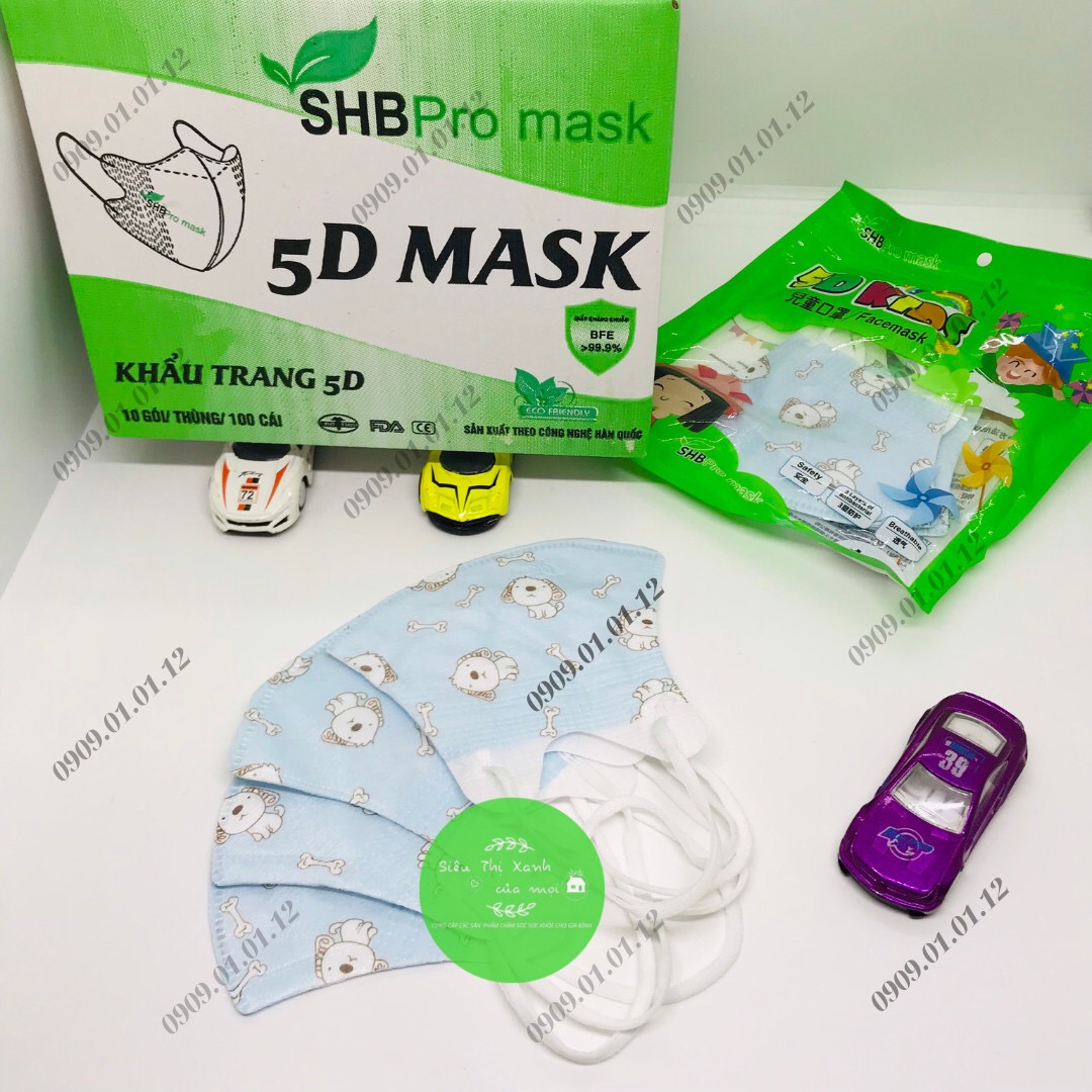 (Thùng 100 cái) Khẩu trang 5D trẻ em SHB Promask chính hãng, 5d cho bé từ 3 - 7 tuổi