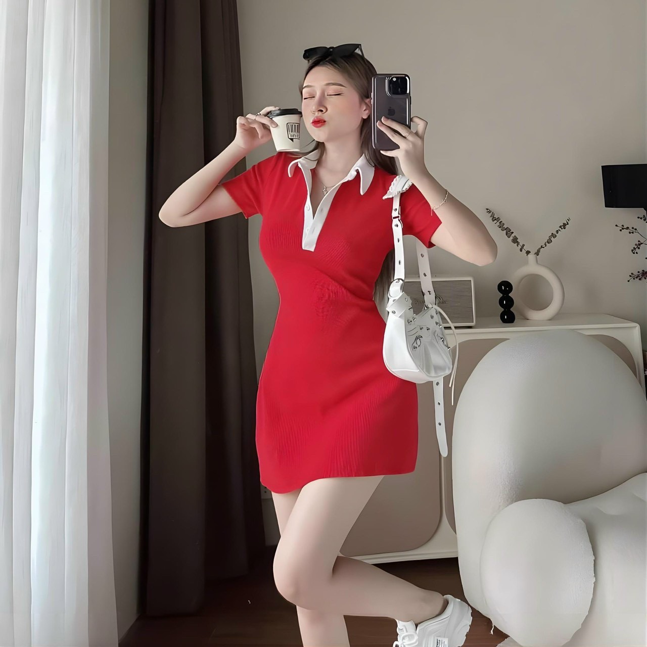 ĐẦM PHỐI CỔ SƠ MI CÀI NÚT THẬT 2 MÀU Y HÌNH