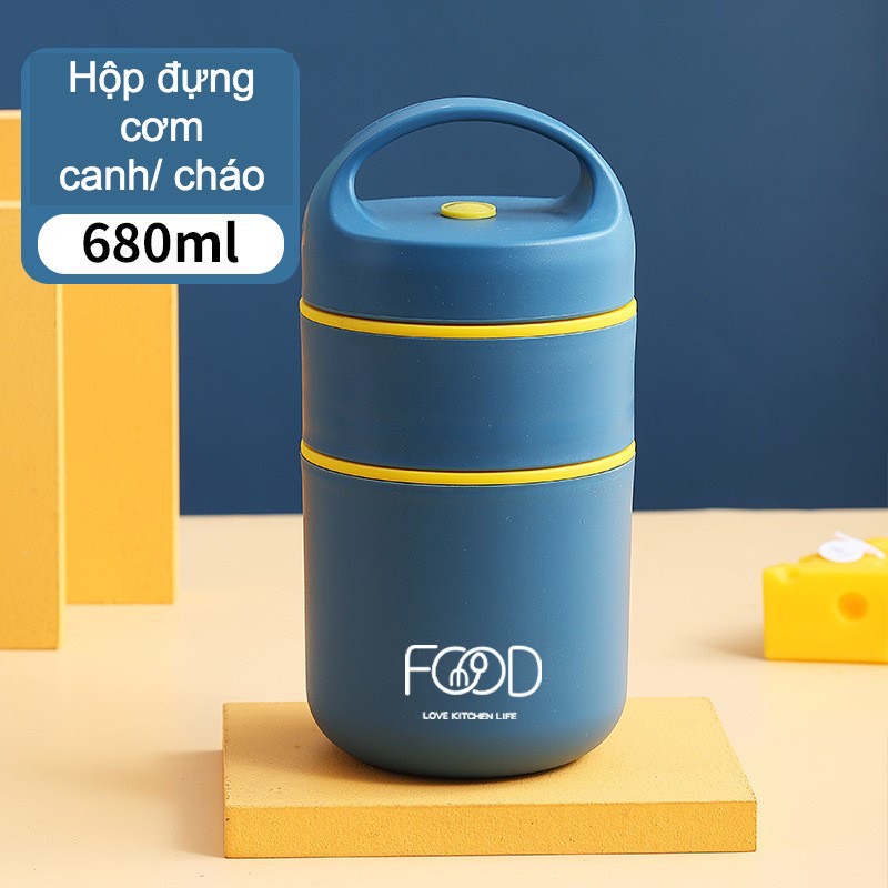 Camen/Hộp đựng cơm inox 304 cao cấp 680ML FOOD 3 lớp giữ nhiệt, cà mên đựng cơm 2 tầng Tặng Kèm Túi Giữ Nhiệt, Muỗng