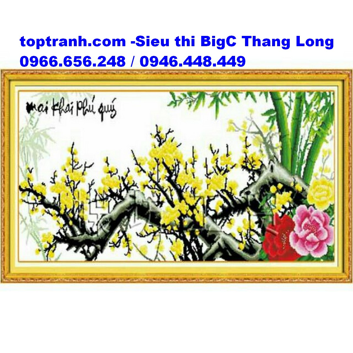 Tranh thêu chữ thập cành hoa mai vàng bên hoa mẫu đơn mai khai phú quý 222397