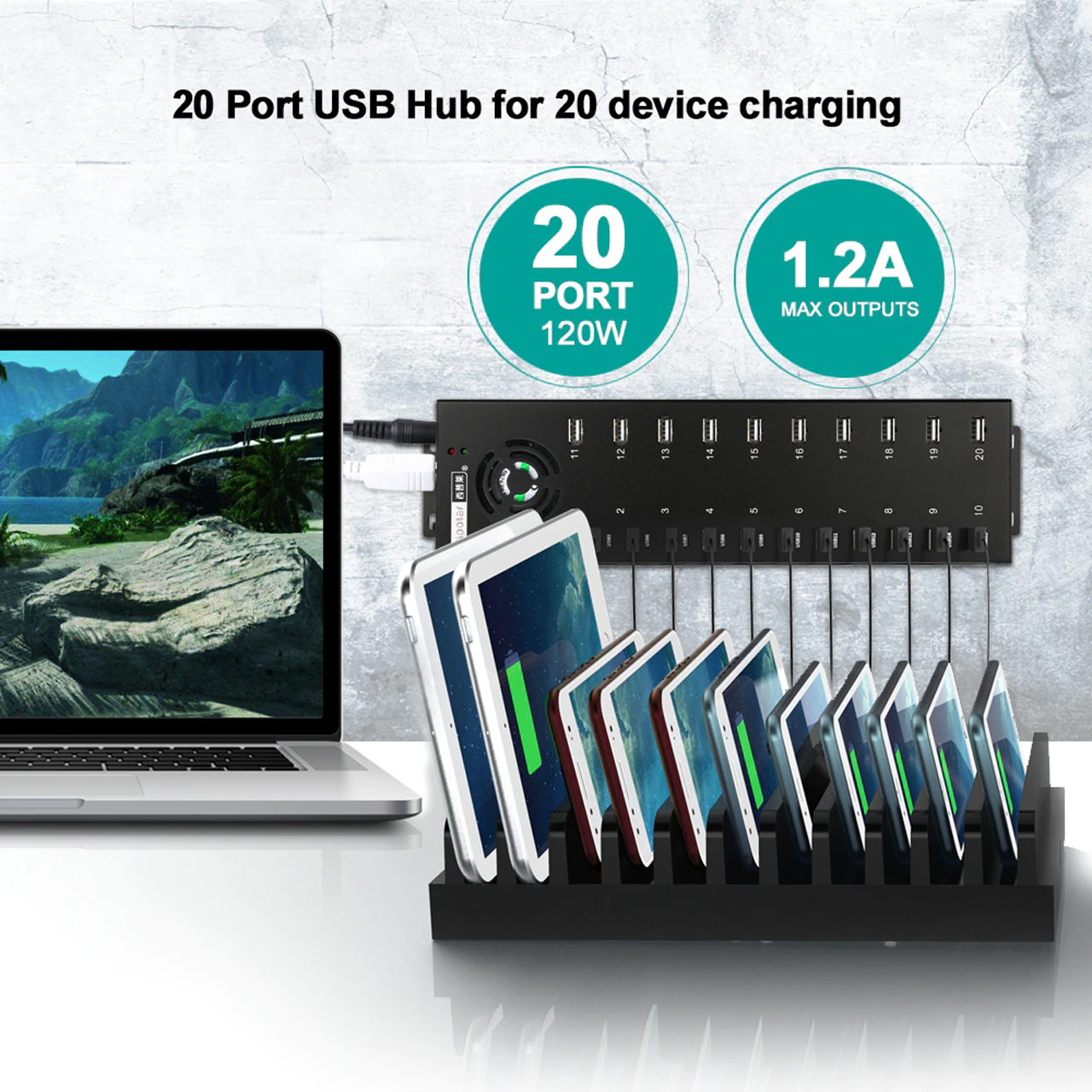 Hub usb 20 cổng Vinetteam Sipolar A-805P hỗ trợ 20 thiết bị USB , cung cấp nguồn 1.2A cho mỗi cổng để sạc nhanh cho điện thoại, iPad và máy tính bảng với bộ nguồn 12V/10A - hàng chính hãng