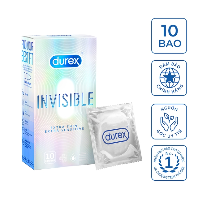 Bao cao su Durex Invisible Extra Thin Extra Sensitive 10 bao / hộp - Thiết kế Siêu mỏng vô hình 52mm tăng Cảm giác như thật từ Bao cao su Durex CAO CẤP