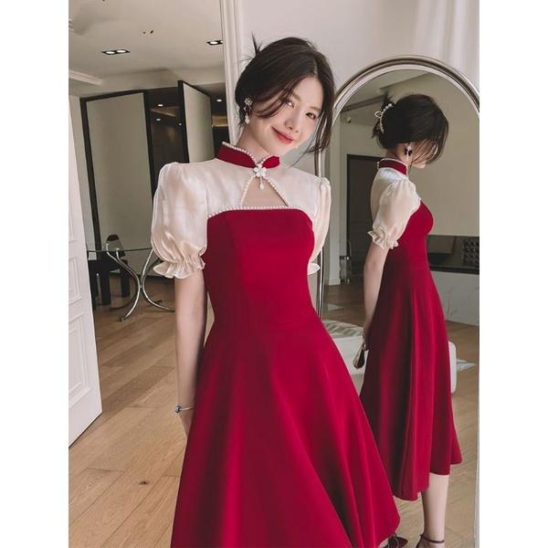 ĐẦM ĐỎ CỔ TRÒN VIỀN NGỌC ĐI TIỆC