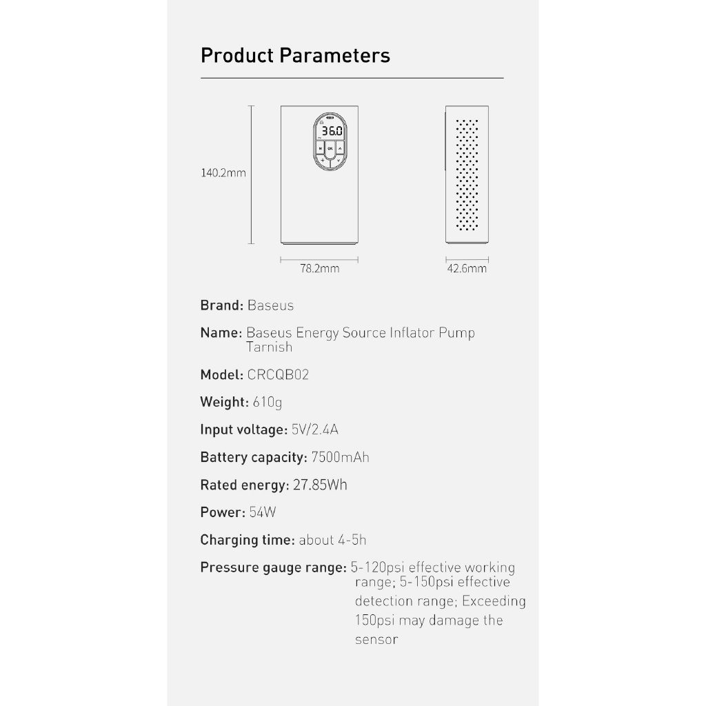 Máy bơm lốp xe hơi Baseus Energy Source Inflator Wireless Intelligent Air Pump Pin sạc 2400mAh, theo dõi áp suất, 5-150 psi