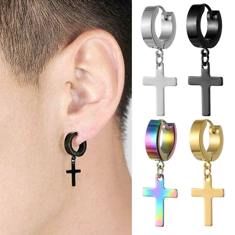 1 Phụ Nữ Đồng Hồ Nam Thép Không Gỉ Bông Tai Đen/Màu Bạc Chéo Gothic Punk Rock Phong Cách Pendientes Thả Mujer moda