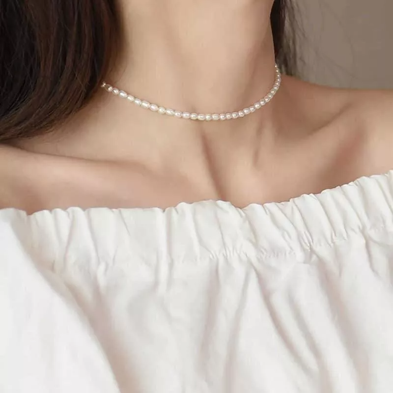 Vòng Cổ Dây Chuyền Ngọc Trai Nuôi Hạt Gạo 3-4 ly Nhỏ Nhắn, Vòng Cổ Choker Ngọc Trai Thật 100%, Đẹp Tự Nhiên 38cm- Bạc Hiểu Minh NT001