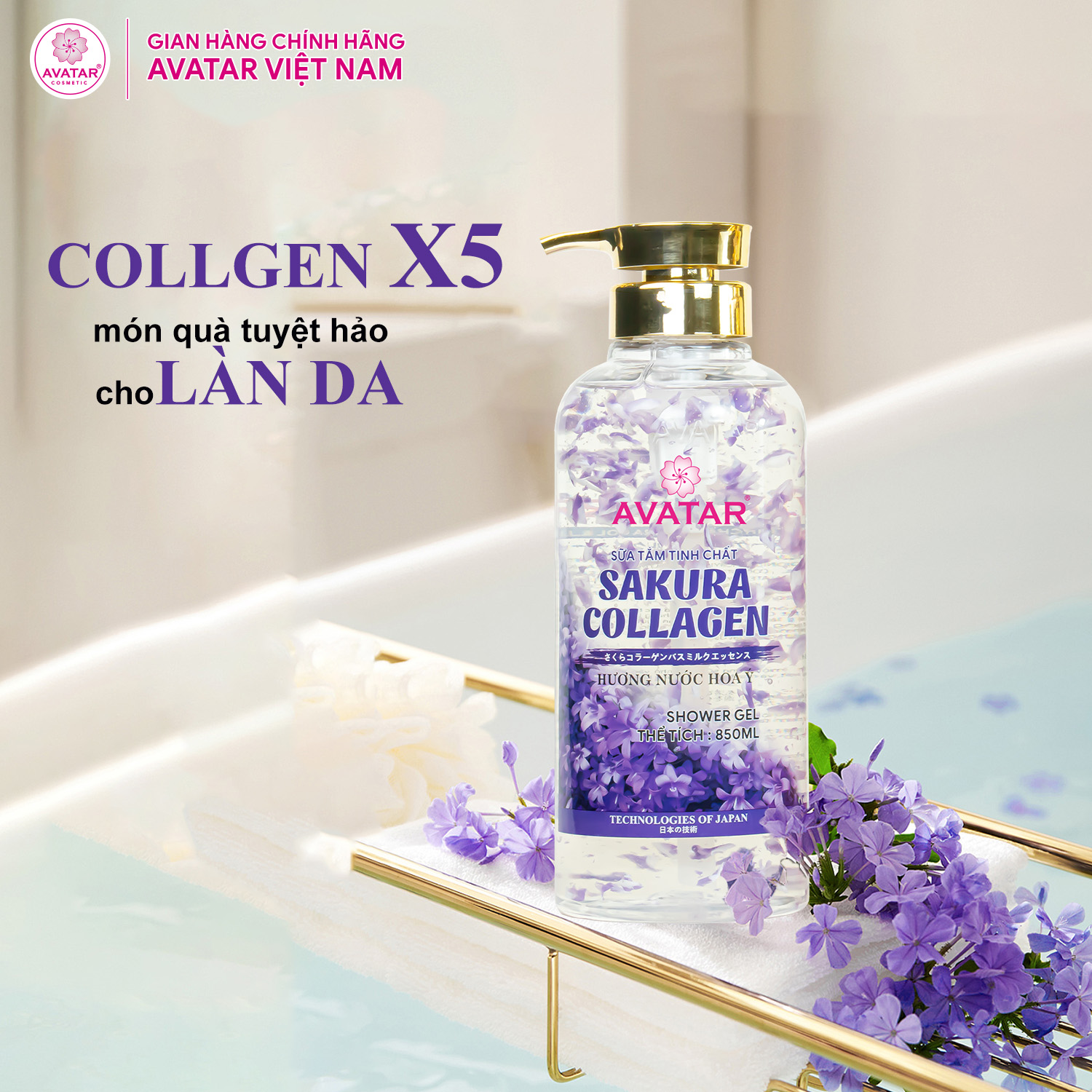 Sữa Tắm Sakura Avatar Tinh Chất Collagen Hương Nước Hoa Ý Phục Hồi Da , Chống Lão Hóa, Trắng Da 850ml (Hoa Tím)