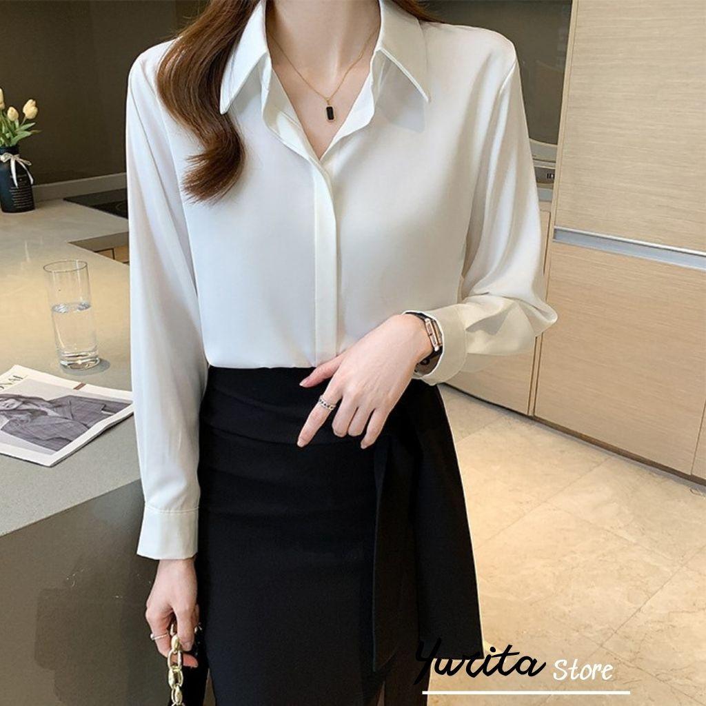 Áo Sơ Mi Nữ Công Sở Màu Trắng Cổ ĐứcYURITA Kiểu Hàn Quốc Vintage Ulzzang Form Rộng Dài Tay Đẹp Chất Lụa Cao Cấp A2T