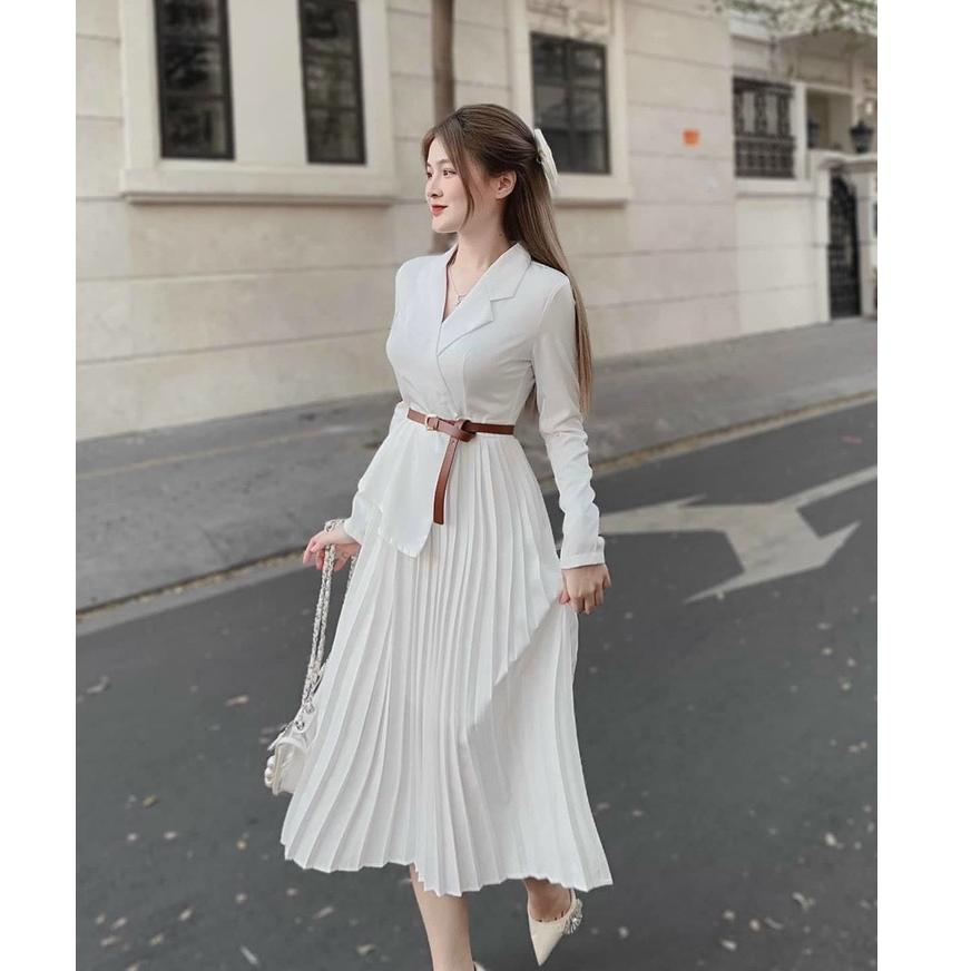 Sét đầm váy nữ áo kiểu sơ mi tay dài mix cùng chân váy dài xếp ly thanh lịch Kgia fashion