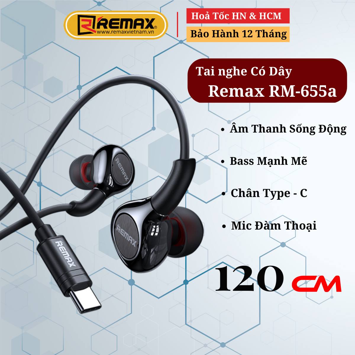 Tai nghe có dây chân Type C Remax RM-655a Note 10/10Plus, S20 Plus, S20 Ultra.Dùng Được Tất Cả Máy Chân Type C - Hàng Chính Hãng Remax