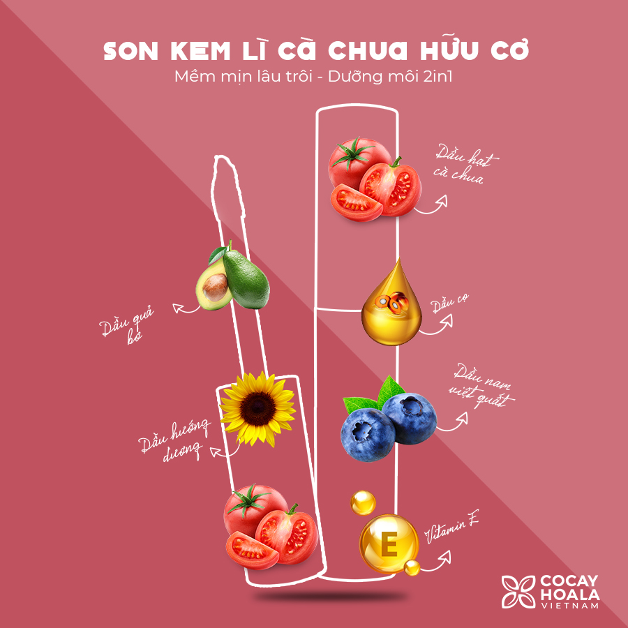 Son kem lì hữu cơ cà chua MÀU HỒNG ĐÀO Cocayhoala Mềm mịn lâu trôi - Dưỡng môi 2in1 Bền màu cả ngày - 2.5g