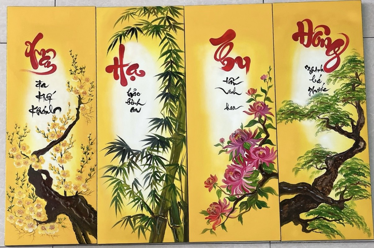 Tranh sơn mài Xuân Hạ Thu Đông bộ 4 tấm 70x100 cm