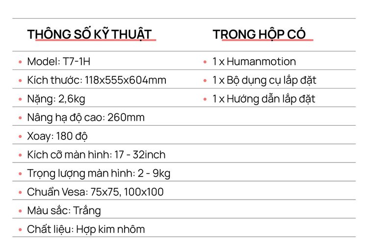 Giá đỡ màn hình Human Motion T7 Màu Trắng - Hàng Chính Hãng 2