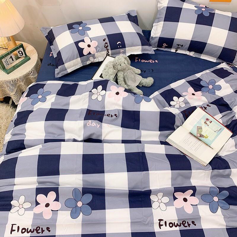 Bộ chăn ga Cotton Poly M2T bedding chăn ga Hàn Quốc họa tiết kẻ xanh than phối hoa đủ size miễn phí bo chun