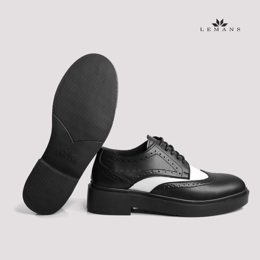 Giày da bò Derby Wingtip LEMANS Black White, đế tăng cao lemans 4cm Bảo Hành 24 Tháng, thiết kế độc quyền