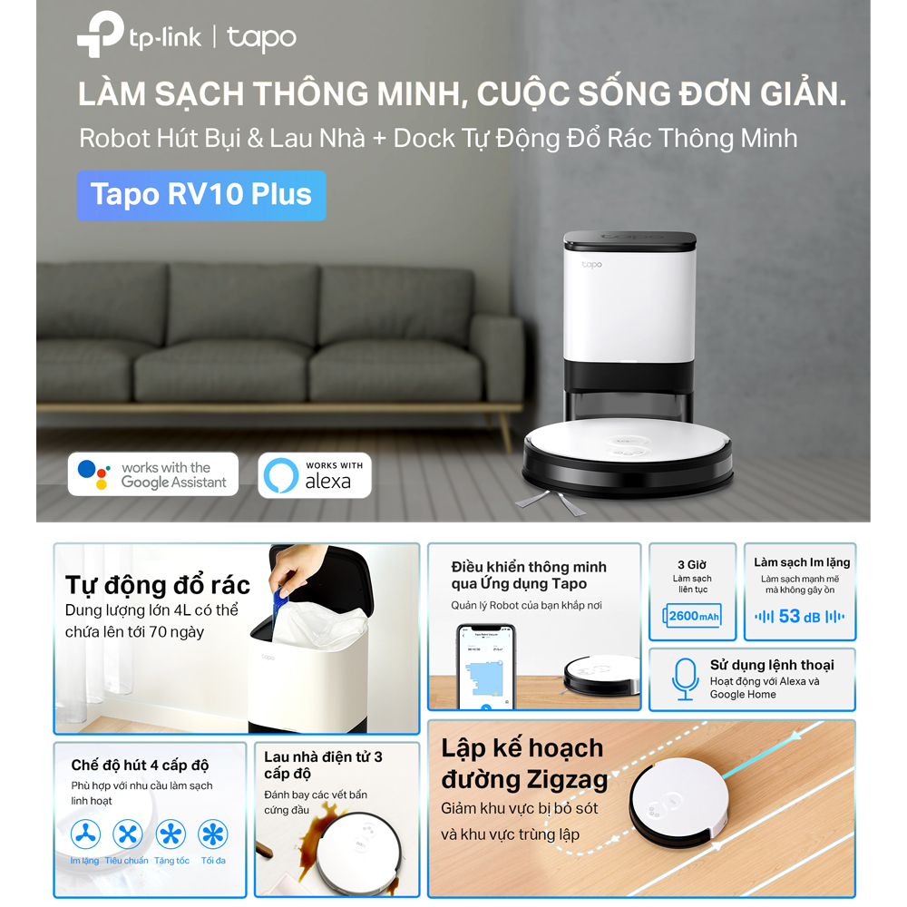 Robot Hút Bụi Và Lau Nhà + Dock Tự Động Đổ Rác Thông Minh TP-Link Tapo RV10 Plus - Hàng Chính Hãng