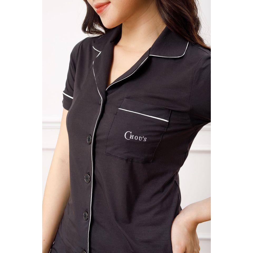 Bộ pyjamas nữ cộc tay vải bamboo tự nhiên cao cấp Chou's - màu đen