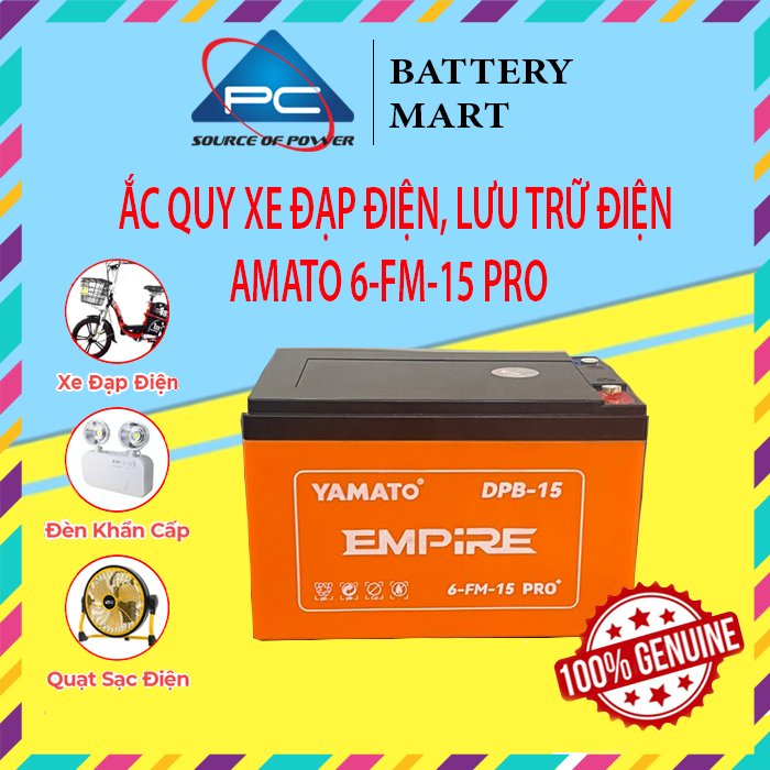 Ắc Quy Xe Đạp Điện 6-DPB-15 PLUS YAMATO 12V-15AH, acquy dùng cho Loa Kéo, Năng Lượng Mặt Trời