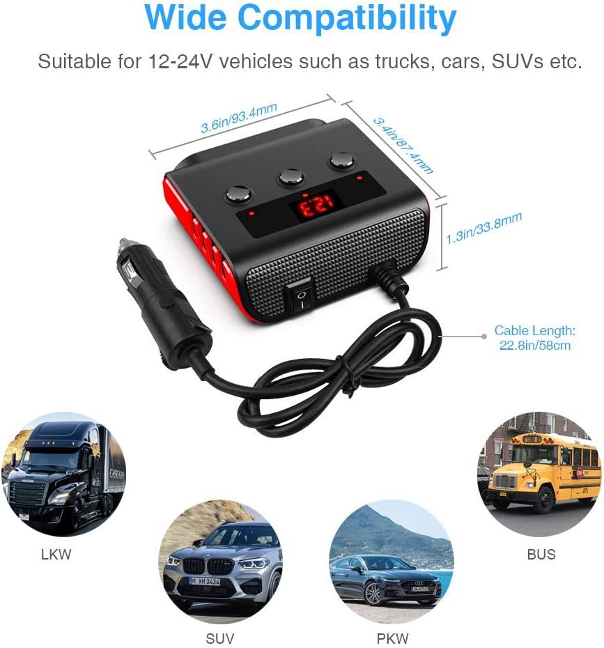 Bộ sạc xe hơi USB Sạc nhanh Bộ sạc nhẹ hơn 12V/24V 3.6A 100W, 4 cổng USB Splitter 3 ổ cắm với màn hình điện áp 3 công tắc độc lập màu đỏ