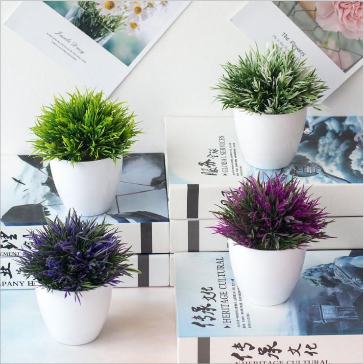 Chậu lá cỏ bonsai giả để bàn nhiều màu -Chậu hoa để bàn-Hoa giả trang trí nhà hàng cafe