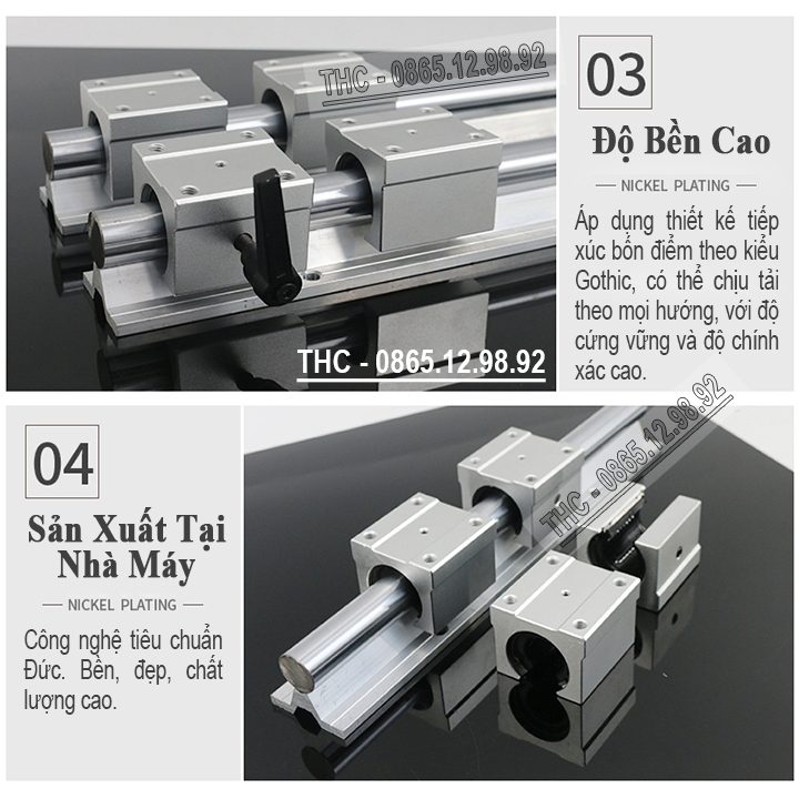 Thanh Ray Trượt Tròn Có Đế Ø16mm (2 Ray Trượt SBR16 + 4 Con Trượt SBR16UU) Ty Trượt Dẫn Hướng CNC Chuẩn Chống Rỉ