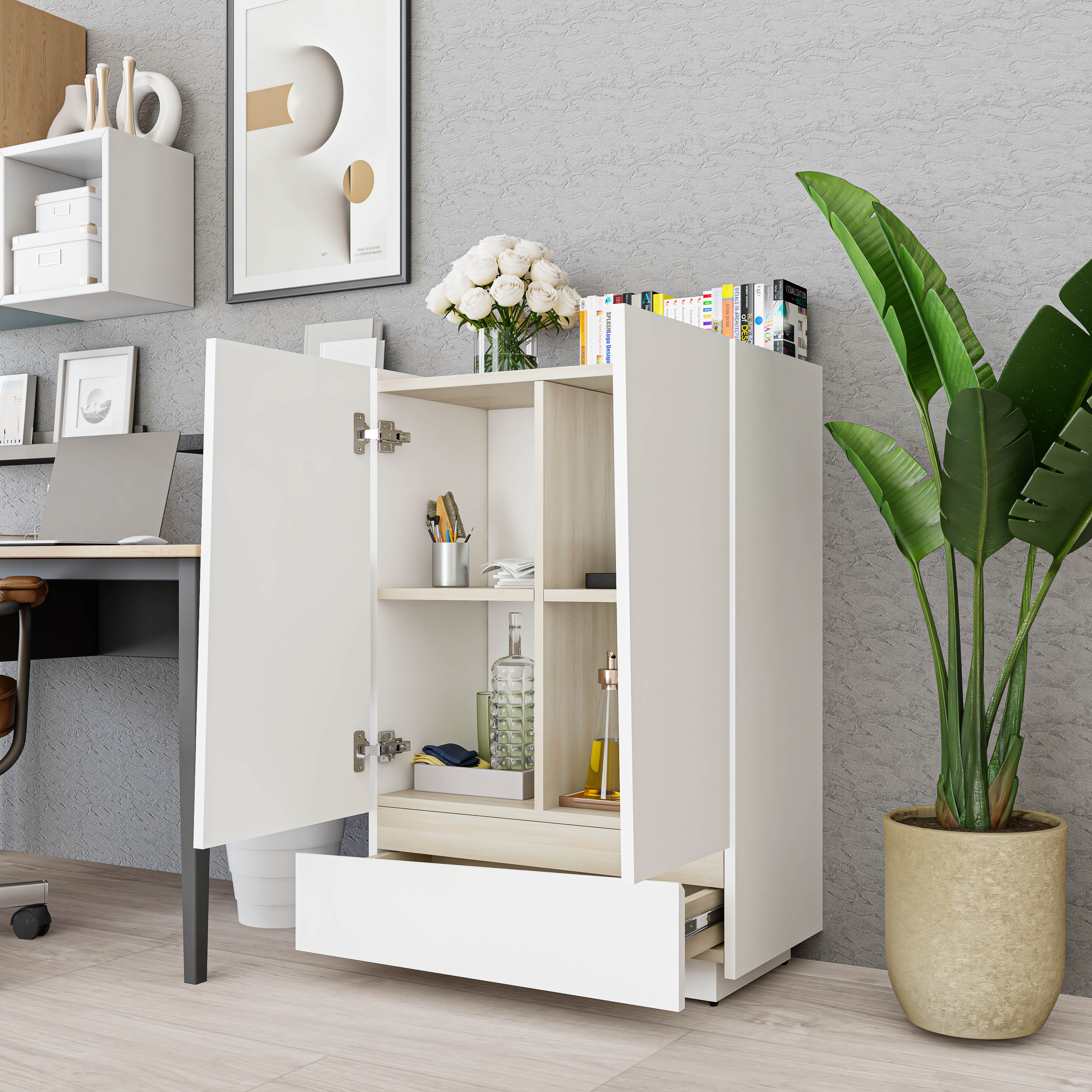 [Happy Home Furniture] VIGGO, Tủ lưu trữ 2 cửa mở - 1 ngăn kéo, 62cm x 32cm x 90cm ( DxRxC), TCM_173