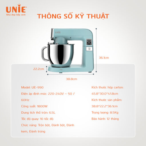 Máy nhồi bột đánh trứng UNIE UE-990 dung tích 6.5L, công suất 1800W - Hàng chính hãng