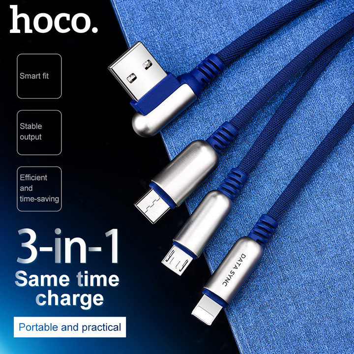Cáp Sạc 3 Đầu Hoco U17 Dài 1.5m Chính Hãng Lightning + Micro USB + Type C