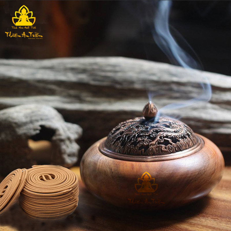Lư Gỗ Xông Đốt Trầm Hương – Lư Gỗ Hương Xông Đốt Nhang Khoanh Trầm Hương, Nhang Nụ Trầm Hương - Lư Gỗ Hương Xông Đốt Trầm Hương Nắp Kim Loại Khắc Hoa Văn