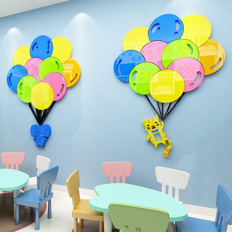 Tranh dán tường mica 3d decor khổ lớn các con vật chơi bóng bay non trang trí mầm non, mẫu giáo, phòng cho bé