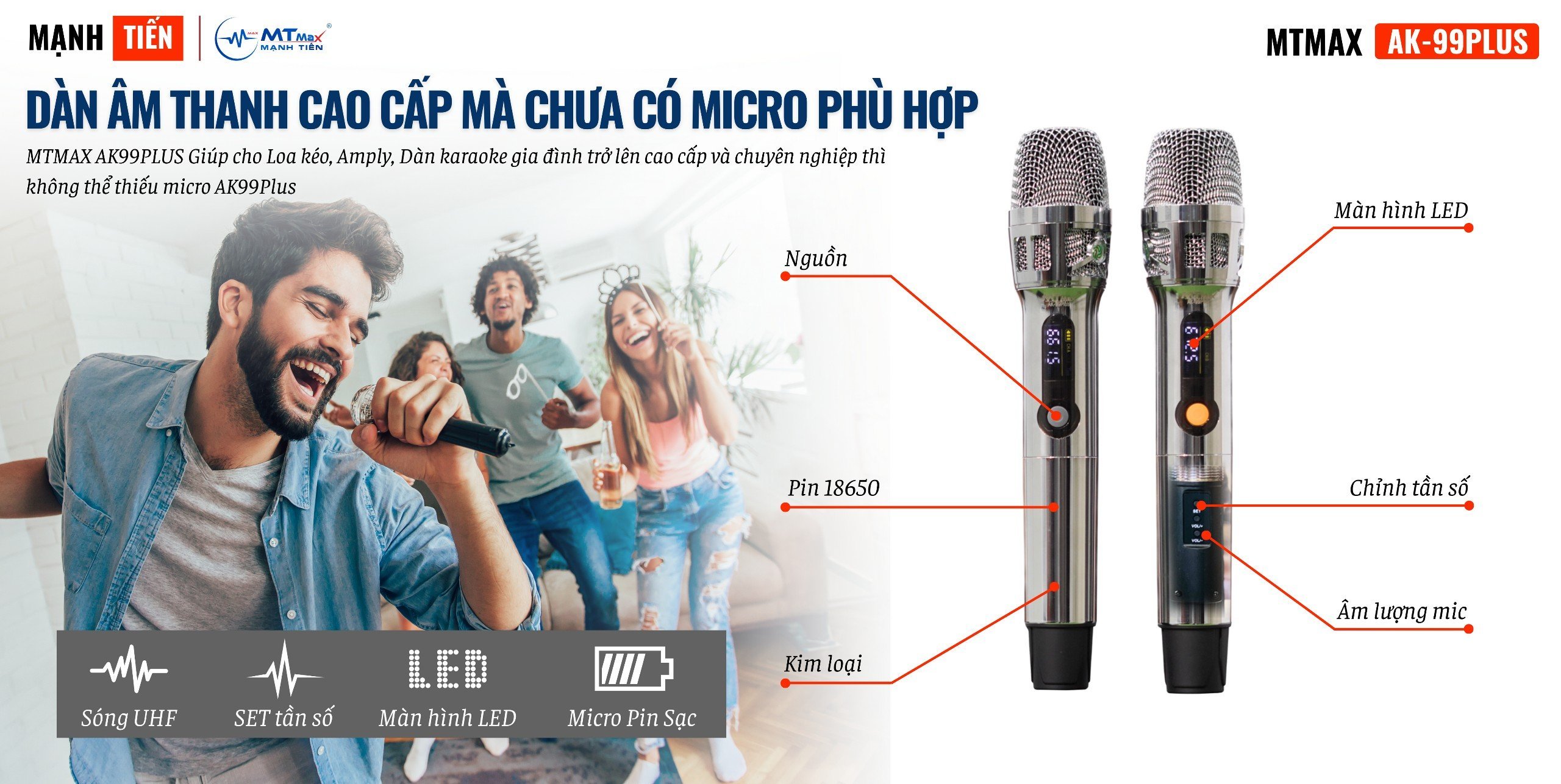 Micro Cho Dàn Karaoke, Loa Kéo, Amply Cao Cấp Chính Hãng MTMAX AK99Plus, Củ Micro Cao Cấp Set Tần Số, Chỉnh Âm Lượng Ngay Thân Micro hàng chính hãng