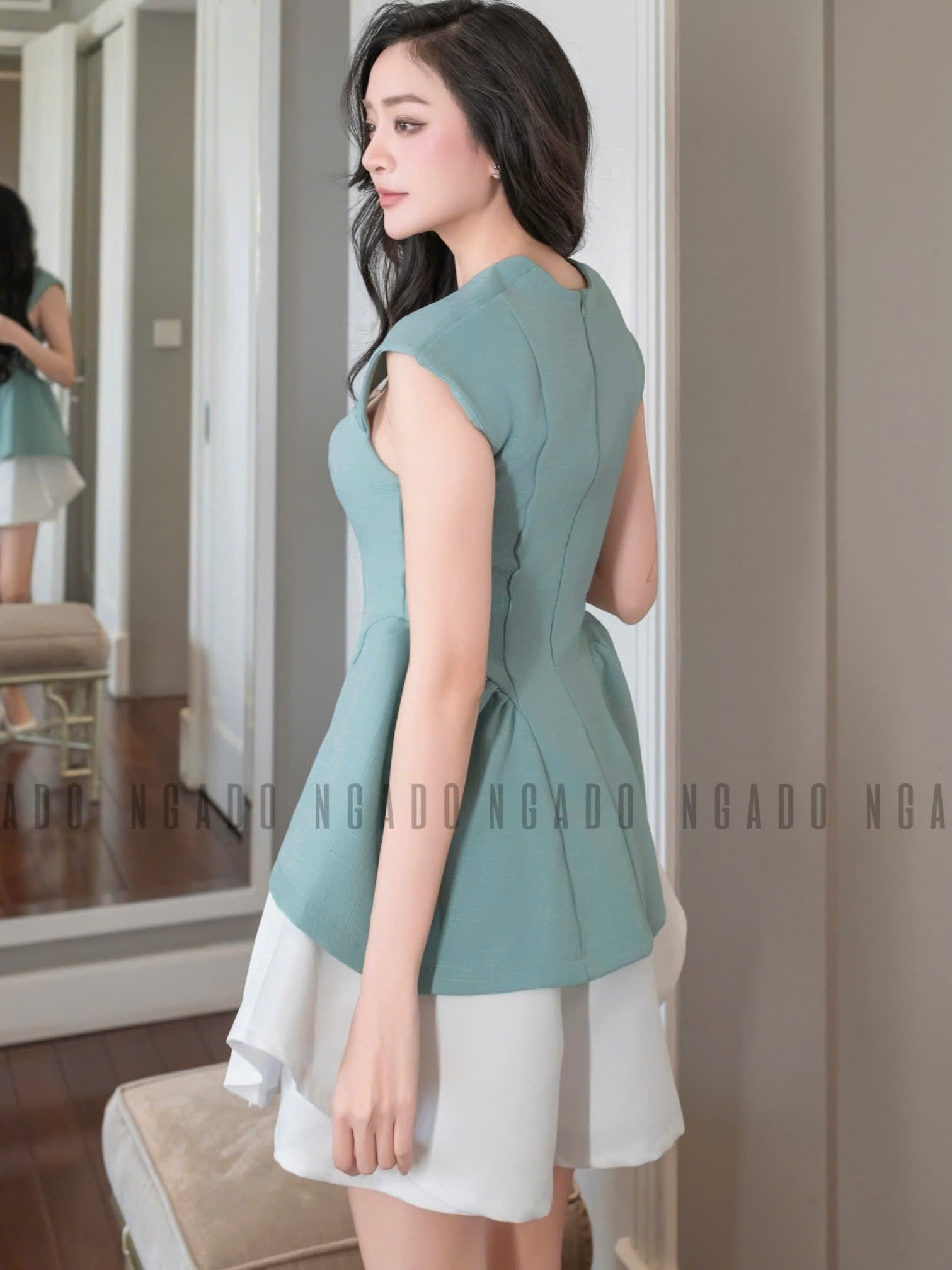 Áo xanh mint chiết eo NGADO , áo kiểu , áo chiết eo