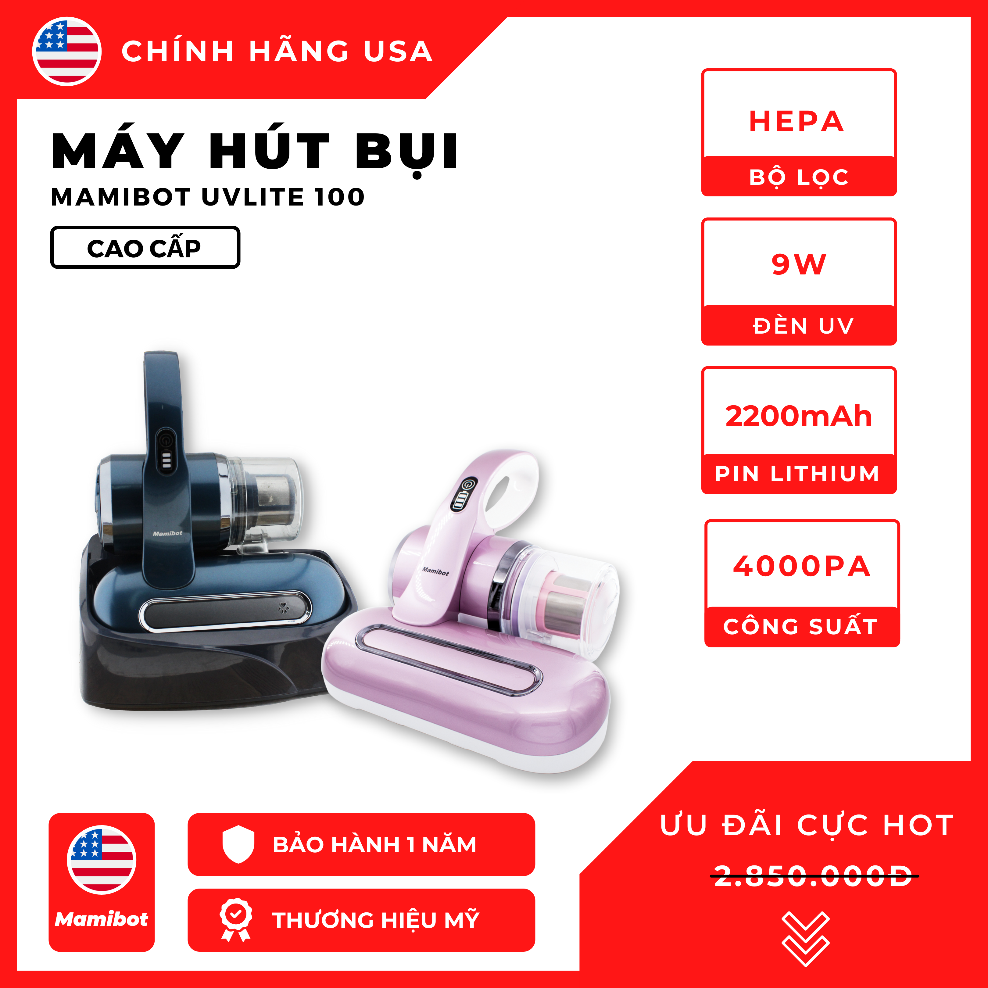 Máy hút bụi diệt khuẩn giường nệm Mamibot Uvlite100 - Hàng chính hãng